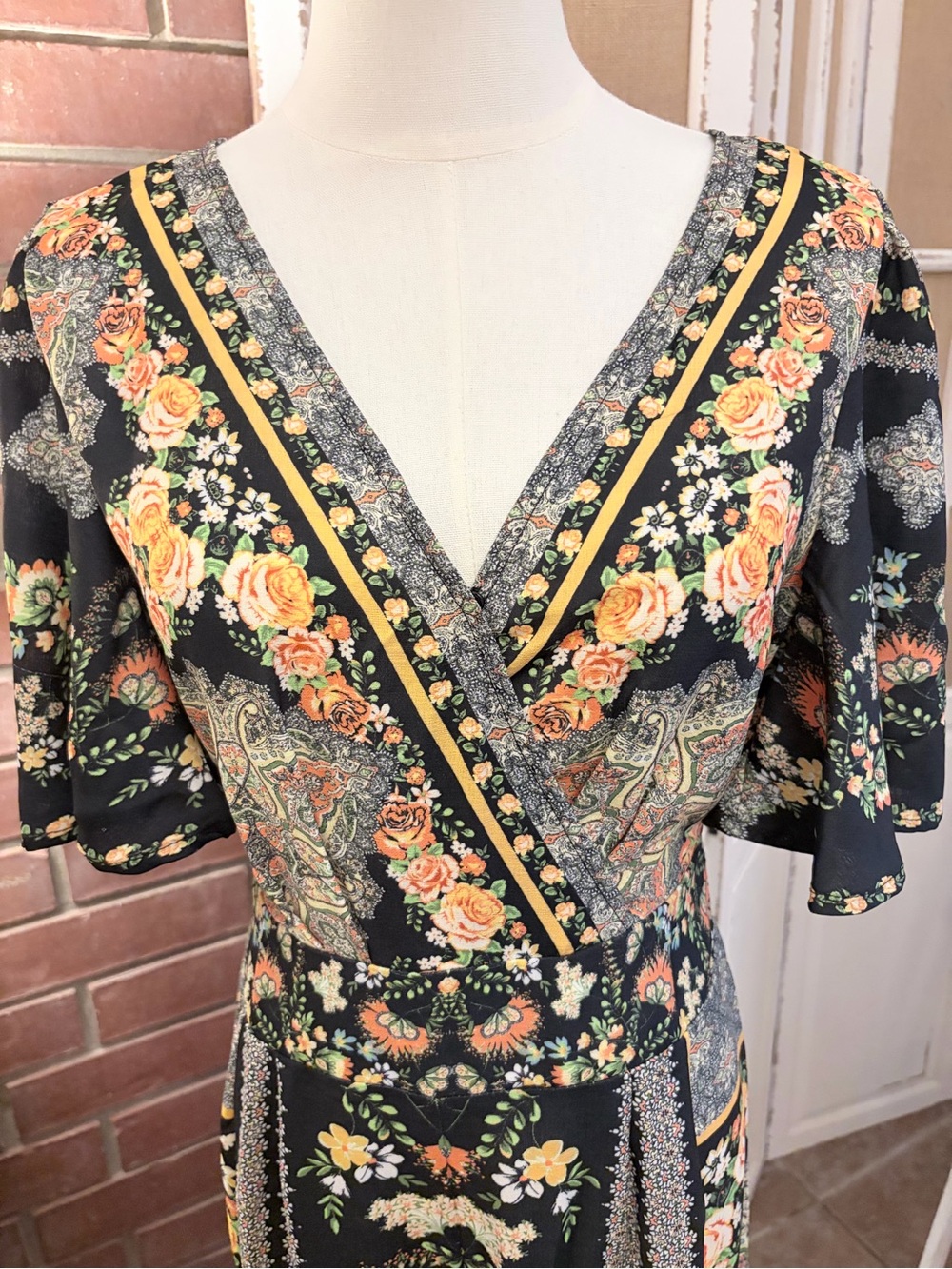 Aratta Paisley Patchwork Wide Leg Flutter Sleeve Jumpsuit M Mixed Print Boho